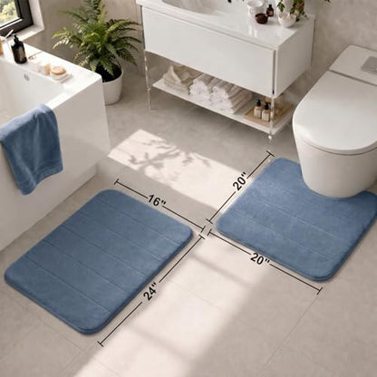 2 Piece Memory Foam Bath Mat Set, Extra Soft Absorbent Bathroom Rugs with U-Shaped Toilet Rug, Non-Slip Backing, Machine Washable, 24x16 + 20x20 U-Shaped, Dusty Blue - color: Dusty Blue