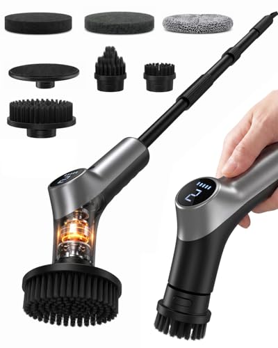 Electric Spin Scrubber for Bathroom,IPX7 Cordless Cleaning Brush with 6 Replaceable Brush Heads,120 Mins Runtime Power Shower Scrubber with Adjustable Extension Handle and Durable Brush Head for Tub
