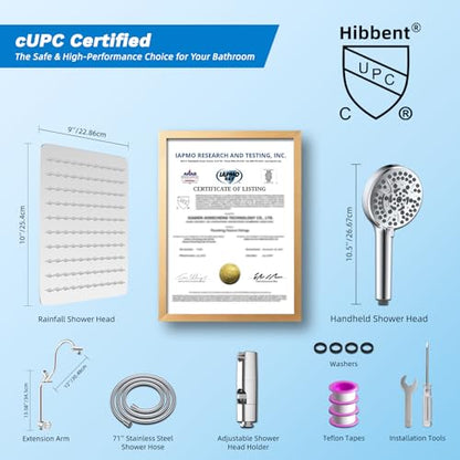 Hibbent High Pressue All Metal 10" Rainfall Shower Head, Handheld 10-Spray | cUPC Certified Chrome Dual Showerhead Combo, 4-way Diverter with Pause Mode, Brass Extension Arm, 71'' Shower Hose & Holder - color: Chrome, style: Square 10"