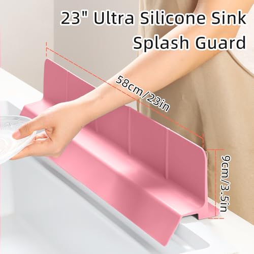 23" Ultra Silicone High Sink Splash Guard, Pink | Released in 2026, Self-Draining Water Splash Guard, for Kitchen Sink&Bathroom&Island, 3.5" Splash Guard, 7 Strong Suction Cup - color: Pink