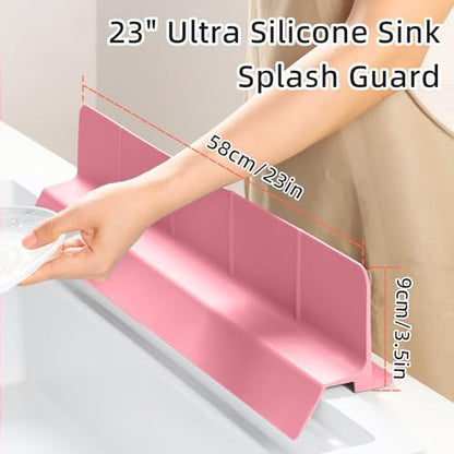23" Ultra Silicone High Sink Splash Guard, Pink | Released in 2026, Self-Draining Water Splash Guard, for Kitchen Sink&Bathroom&Island, 3.5" Splash Guard, 7 Strong Suction Cup - color: Pink