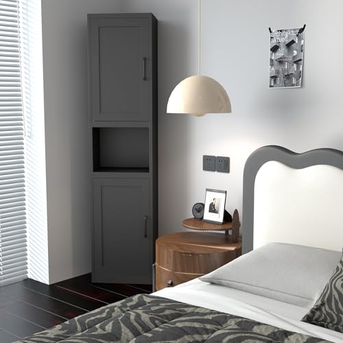 67" Metal Bathroom Storage Cabinet, Black | Tall Narrow Design, 2 Doors & 6 Shelves, Slim Skinny Cabinet, Multi-Room Use - color: Black