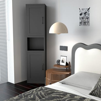 67" Metal Bathroom Storage Cabinet, Black | Tall Narrow Design, 2 Doors & 6 Shelves, Slim Skinny Cabinet, Multi-Room Use - color: Black