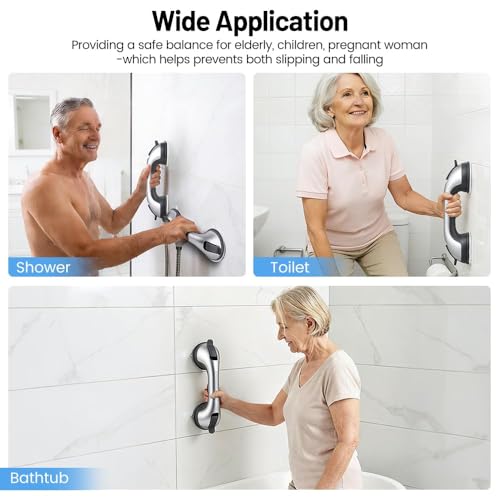 2PK Grab Bars for Shower Handle, Elderly Assistance Products Silver | Seniors Removable Bar Safety, Suction Cup for Bathtubs and Showers/Bathroom/Walls, Heavy Duty Handrails Grip, No Drilling - color: Silk Silver-2 PACK