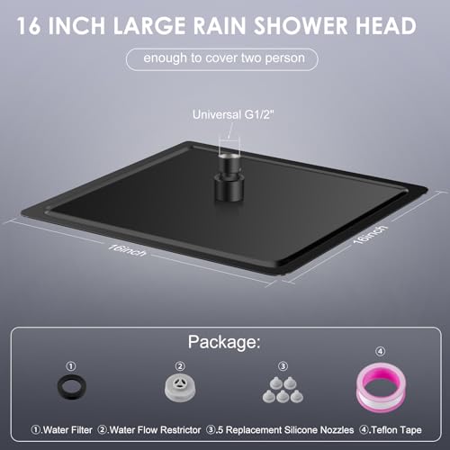 16 inch Matte Black Large Rain Shower Head - All Metal 304 Stainless Steel, Full Body Rainfall Shower with 324 Silicone Nozzles - Waterfall Bathroom Square Showerheads, Ceiling Mounted - color: B-Matte Black, size: 16 Inch Square