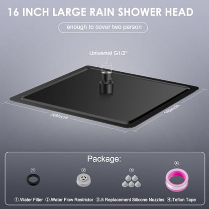 16 inch Matte Black Large Rain Shower Head - All Metal 304 Stainless Steel, Full Body Rainfall Shower with 324 Silicone Nozzles - Waterfall Bathroom Square Showerheads, Ceiling Mounted - color: B-Matte Black, size: 16 Inch Square