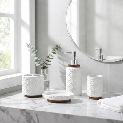 RQYIXI Ceramic 4-Piece Bathroom Accessories Set,White | Countertop Essentials Embossed Textured Design Solid Wood Non-Slip Detail Pearl White Finish - color: White, size: Embossed Textured-4-Piece