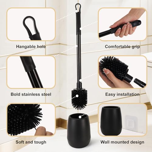 Silicone Toilet Bowl Brush and Holder 2 Pack Long Handle Toilet Brush for Bathroom Flexible Silicone Toilet Brush Set for Domestic Deep Cleaning Under Rims （Black）