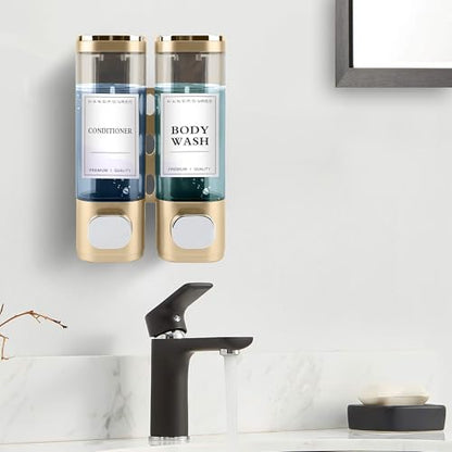Shampoo and Conditioner Dispenser, 2 Chamber 300ml, Wall Mounted, Gold | Shower Soap Dispenser, Refillable Hand Soap Dispensers, Body Wash Dispenser for Bathroom, Kitchen, Hotel, Home - color: Gold, size: 2 Chamber
