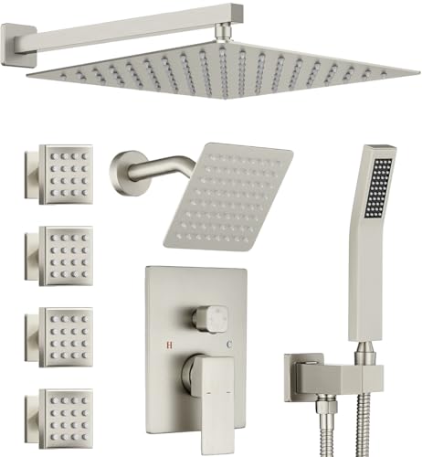 Dual Rainfall Shower Head System with 4 Body Jets, JetsBath Shower Faucet Set Double Shower Head 6-Inch Shower Head & 12” Rain Shower,Luxury Brushed Nickel Shower Faucet Set,Wall-Mounted Shower System - color: Brushed Nickel