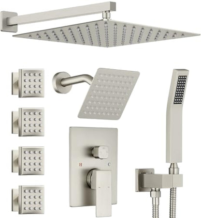 Dual Rainfall Shower Head System with 4 Body Jets, JetsBath Shower Faucet Set Double Shower Head 6-Inch Shower Head & 12” Rain Shower,Luxury Brushed Nickel Shower Faucet Set,Wall-Mounted Shower System - color: Brushed Nickel