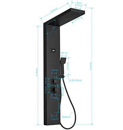 Bathroom Shower Panel Shower Tower System with 100 Body Massage Nozzle Jets, Shower Wall Panels Rainfall Shower Head with Temperature Display, Stainless Steel, Black