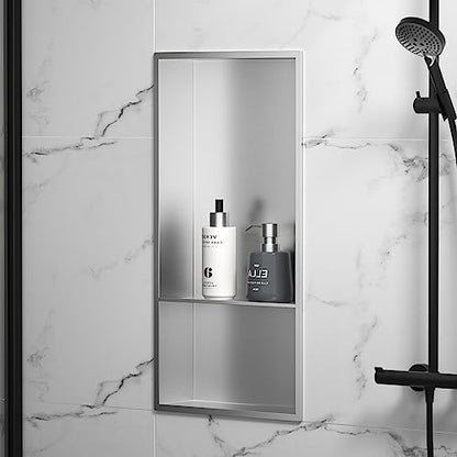 Stainless Steel Shower Niche 24" X 12" Brushed No Tile Needed Wall Niche with Double Shelves Recessed Shower Shelf for Bathroom Vertical Niches - color: Brushed, size: 12"x 24"