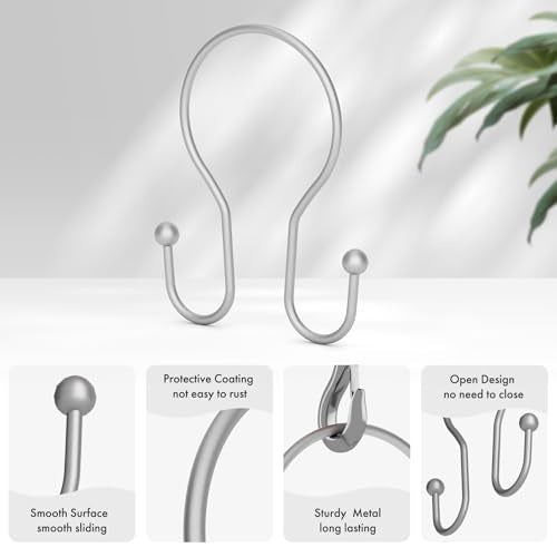 AmazerBath Silver Shower Curtain Hooks, Shower Curtain Rings, Simple Double Shower Curtain Hooks Rust Proof, Metal Smooth Glide Shower Hooks for Shower Curtain Rod, 12 Pcs Shower Rod Hooks - color: Space Silver, style: Minimalist - Double Shower Hooks