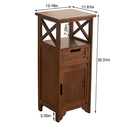 30 Inches Tall End Table, Fully Assembled Bathroom Floor Cabinet with Shelf and Storage, No Assembly Nightstand with Drawer for Bedroom-Walnut | Solid Wood; No Assembly; 30-Inch Tall; Drawer Storage; Slim Bathroom Cabinet; Side & End Table; Floor Storage