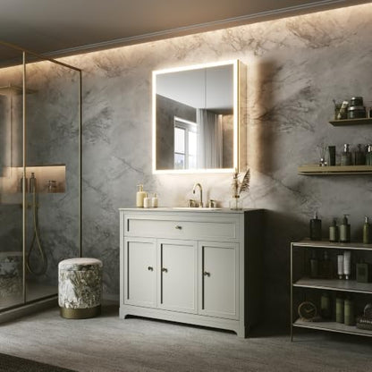 28x32 Lighted Medicine Cabinet, Separate Front & Back Lights | Surface/Recessed LED Medicine Cabinet for Bathroom with Side Mirrors, Dimmable Light, Anti-Fog, Memory,Silver Aluminum Frame - size: 28" x 32"