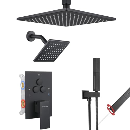 VANFOXLE Shower System Matte Black Shower Faucet Set, Push Button Diverter | 10 inch ceiling mount rain head Increased Thick, 6 inch side head, 2-in-1 handheld sprayer, solid brass valve, rust resistant - color: Matte Black, style: 10"+6" Head
