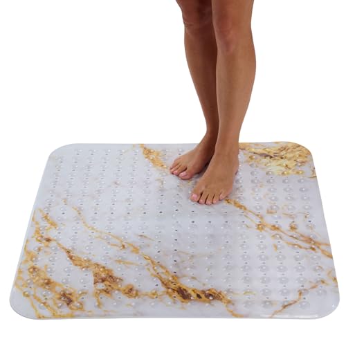 ENKOSI Extra Large Square Non Slip Shower Mat - 31 x 31-inch XL Bathroom Shower Mat - Square Shower Matts for Shower Stall Floors | Secure Suction Cups and Drain Holes (31x31 Marble White Gold) - color: Marble White Gold, size: 31" x 31" (Square)