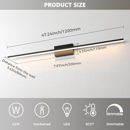 JUSHENG Black Modern LED Vanity Lights for Bathroom Light Fixtures, 47.24 Inch 42W 5CCT Dimmable Vanity Light Bar Bathroom Lighting - color: Black-5CCT, size: 47.24'' Long-Dimmable