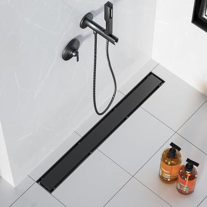 Neodrain 18" Matte Black Linear Shower Drain,2-in-1 Flat& Tile Insert Cover | 304 Stainless Steel,Fast Drainage, Durable,Rectangle Shower Floor Drain with Adjustable Feet,Hair Strainer,Fits Bathrooms - color: Matte Black, size: 18 In