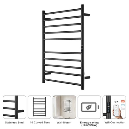 Electric Towel Rack with Voice Control for Alexa & Google Home,TUYA-Wall-Mounted Bathroom Heating Towel Warmer,Stainless Steel Material,31.5x20.08x4.41in,Plug-in,Black,10 Bars - color: Black With Wifi, size: 10 Bar