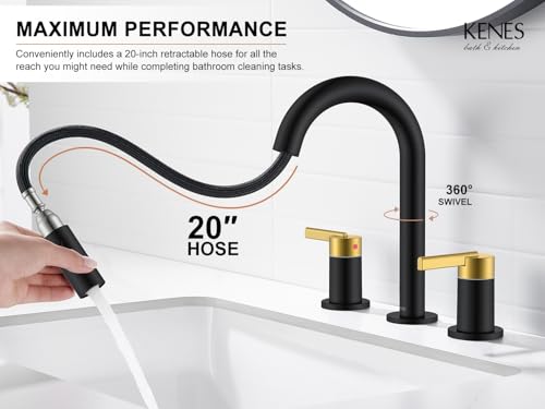 Black and Gold Pull Down Widespread Bathroom Faucet 3 Hole 2 Handle | Pull Out Bathroom Faucet with Pop Up Drain & Supply Lines, Lead-Free cUPC & NSF Certified, 8 Inch Faucet for Vanity RV Sink - color: Black & Gold