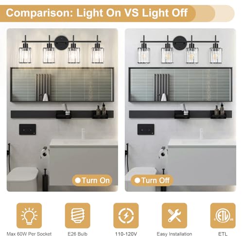Black Bathroom Light Fixtures, Square, 4-Light | Vanity Lights with Crystal Shades, Modern Bathroom Lighting Fixtures over Mirror (Bulbs Not Included, E26) - color: Black (Square), size: 4-Light