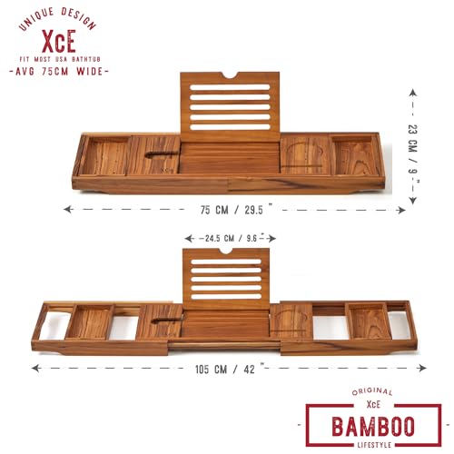 Teak Bathtub Caddy Tray with Book Stand & Soap Holder, Teak | Expandable to 41 Inches & Anti-Slip Pads for Luxury Bath Spa - color: Teak
