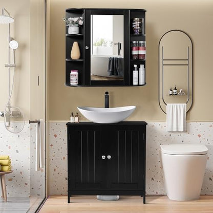 Iwell Bathroom Medicine Cabinet with Mirror, Wall Cabinet with 2 Adjustable Shelves & 6 Open Shelves, Bathroom Cabinet Wall Mounted, Over The Toilet Space Saver Storage Cabinet, Black - color: Black With Mirror