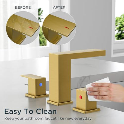 FORIOUS 8" Brushed Gold Bathroom Faucet 3 Hole, Gold Vanity Faucet 3 Holes | CUPC 8 Inch Waterfall Bathroom Faucet Gold,3 Hole Bathroom Sink Faucet Widespread Set for Restroom, Lavatory, Hospitality - color: Brushed Gold, style: Transitional
