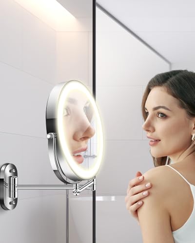 20X 9" Wall Mounted Magnifying Makeup Mirror with Light Height Adjustable | 5000mAh Double Sided Rechargeable LED Lighted Vanity Mirror with Magnification 3 Color Light up Extended Arm 360 Rotation - color: 9inches-chrome