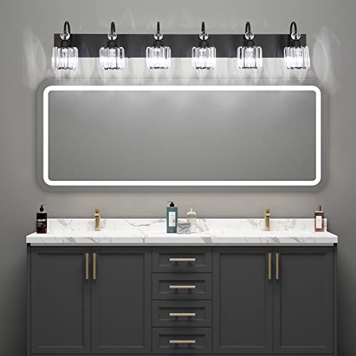 Ralbay Modern 6-Light Black Crystal Vanity Lights for Bathroom - Matte Black Crystal Wall Light Fixtures - color: Round-Black, size: 6-light