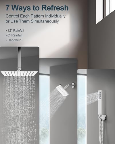 Shower Faucet Set with Handheld Spray, Polished Chrome | 12" Ceiling Mount SUS304 Rainfall Shower Head System, 6" Side Head, 3-Function Thermostatic Valve Trim Kit, All Metal - color: Chrome