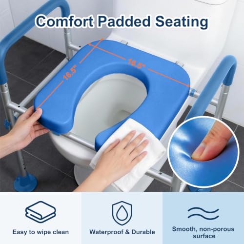 Adjustable Raised Toilet Seat with Handles for Seniors, Blue | 400lbs Capacity Elongated Toilet Seat Riser, Elevated Toilet Seat with Soft Cushion & Removable Armrests - color: Cozy Blue