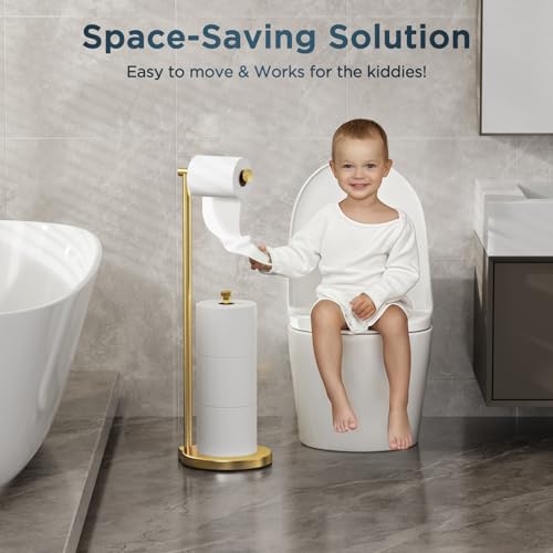 theaoo Heavy-Duty Toilet Paper Holder Stand, Bathroom Storage, Gold | Freestanding Toilet Tissue Paper Roll Holder with Reserve Storage. Stainless Steel Stand For Bathroom, Holds Extra Rolls - color: Brushed Gold