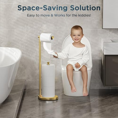 theaoo Heavy-Duty Toilet Paper Holder Stand, Bathroom Storage, Gold | Freestanding Toilet Tissue Paper Roll Holder with Reserve Storage. Stainless Steel Stand For Bathroom, Holds Extra Rolls - color: Brushed Gold