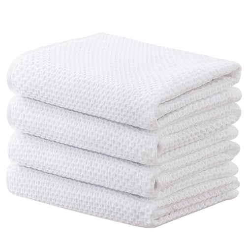 joybest Cotton Kitchen Towels, 4-Pack Waffle Weave Ultra Soft Absorbent Dish Towels Quick Drying Dish Cloths, 18 in x 28 in, White - color: White, size: 18 in x 28 in