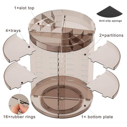 Jiavarry 360 Rotating Makeup Organizer with DIY 8 Adjustable Height, Brown | Spinning Skincare, Lipstick Slots, Brush and Perfume Storage, for Vanity Bathroom Countertop - color: Slot Top Brown