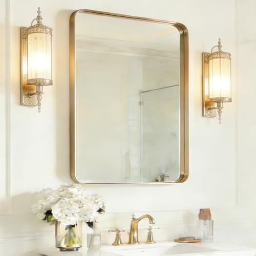 USHOWER Gold Bathroom Mirror 22"x30", Rectangle Mirror for Bathroom Sink | Brushed Champagne Brass Gold Vanity Mirror for Wall, Aluminum Frame, Anti-Rust, Tempered Glass - color: Brushed Gold, size: 22"L x 30"W