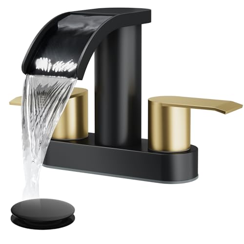 gotonovo 4’’ Centerset Bathroom Sink Faucet Waterfall Black&Brushed Gold | SUS304 Bathroom Faucet,2.17’’ Wide Spout,24’’ cUPC Water Line,Pop up Drain,2 Handle,Basin,Vanity,RV,Lavatory 2 or 3 Hole Sink - color: Black&Gold