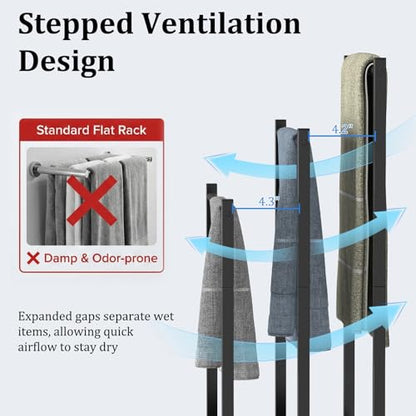 Freestanding Towel Rack, 3 Tier Metal Standing Towel Rack with Wooden Shelf, Blanket Holder and Bath Towel Drying Rack for Bathroom, Black - color: Black