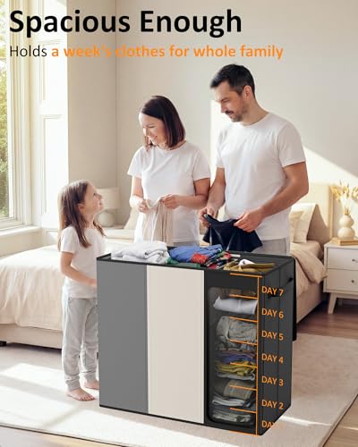 Optish 180L Laundry Hamper 3 Section, Large Laundry Hamper with Lid, Dirty Clothes Hampers with 3 Inner Bags, Laundry Basket Organizer for Laundry, Bedroom, Bathroom, Hamper 3 Compartment - color: Black & White & Grey