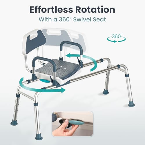 Sliding Shower Chair Tub Transfer Bench with Swivel Seat, Shower Bench for Elderly and Disabled, with Security Belt, 360 Rotation, Slides and Rotates, Adjustable,one Touch Slide Button, Dark Blue - color: Dark Blue