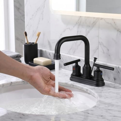 WOWOW Bathroom Faucet Black 4 inch Bathroom Sink Faucet Centerset Lift Rod Drain Stopper 2 Handle Lavatory Vanity Tap High Arc Modern - color: Black, style: Centerset - 4 Inch