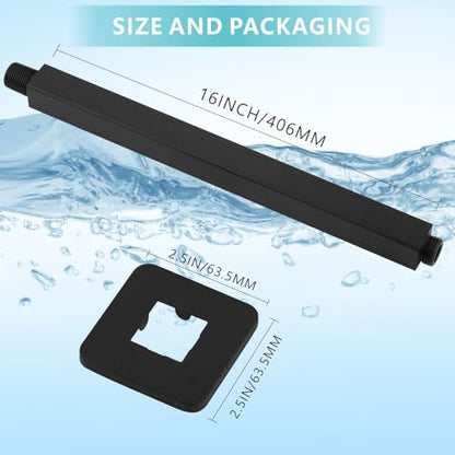 Ceiling Mounted Shower Arm with Flange, Universal Connection 1/2 NPT Straight, Made of Thicken Stainless Steel, Square Extension Arm for Fixed Rain Shower Head(16 Inch,Matte Black) - color: Matte Black, style: 16 Inch