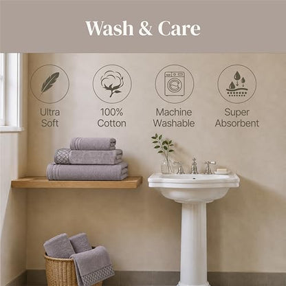 Modern Threads 6 Piece Cotton Bath Towel Set – Ultra Soft 550 GSM Towels – Bathroom Set with Hand Towels and Washcloths – Diamond Border (Silver Cloud) - color: Silver Cloud, style: Diamond Border