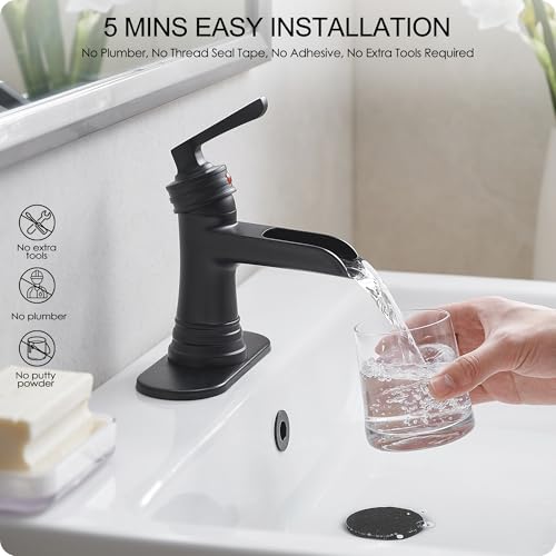 Matte Black Bathroom Faucet 1 Hole, Brass Waterfall Bathroom Faucets 3 Hole 4 Inch Single Handle with Pop-up Drain, Deck Plate, Pre-Installed cUPC Hose for Lavatory, Farmhouse, 5 Mins Install - color: Matte Black
