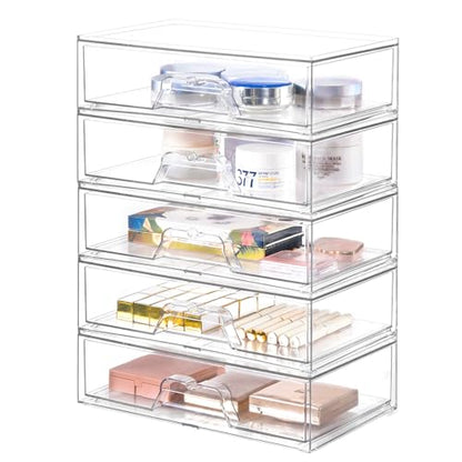 5 Pack Makeup Organizer Stackable, 12.1''L Bathroom Organizer and Storage Acrylic Undersink Drawer Organizer, Cosmetics and Beauty Supplies,Clear Plastic Storage Bins for Vanity,Pantry,Cabinet,Kitchen - style: 5pack Wide