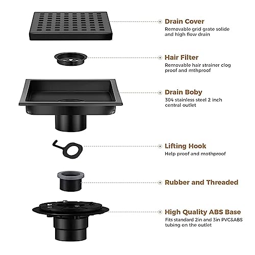 ELLO&ALLO 6 Inch Square Shower Floor Drain with Flange,Removable Quadrato Pattern Grate, SUS 304 Stainless Steel in Oil Rubbed Bronze - color: Oil Rubbed Bronze, size: 6 Inch Grid Cover