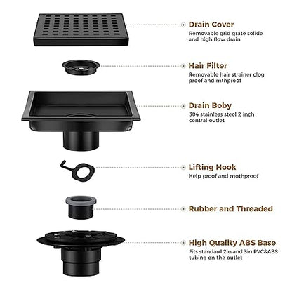 ELLO&ALLO 6 Inch Square Shower Floor Drain with Flange,Removable Quadrato Pattern Grate, SUS 304 Stainless Steel in Oil Rubbed Bronze - color: Oil Rubbed Bronze, size: 6 Inch Grid Cover